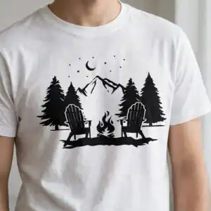 camping cozy nighttime campfire scene svg design printed on a plain product mockup