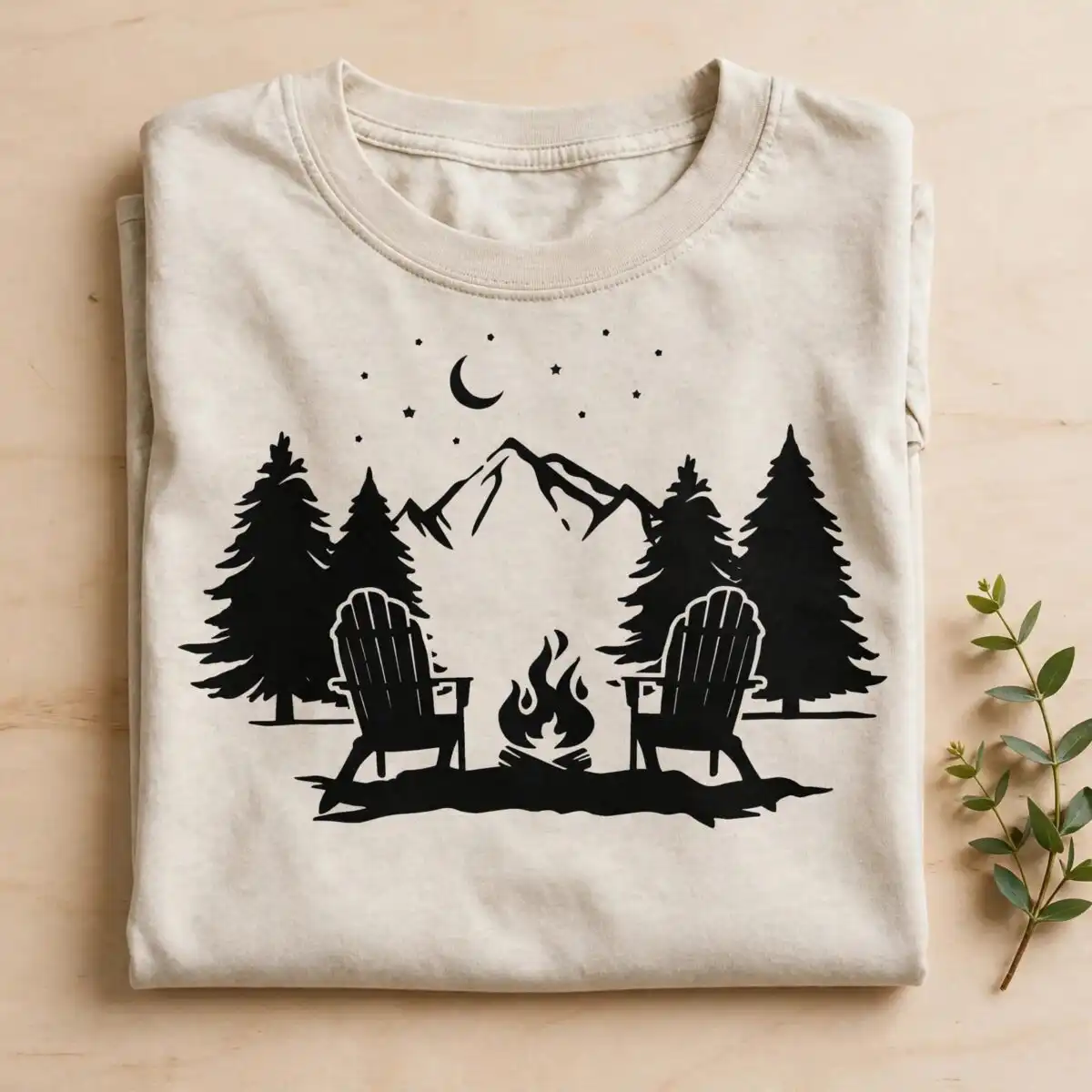 camping cozy nighttime campfire scene svg design printed on a plain product mockup