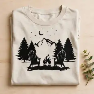 camping cozy nighttime campfire scene svg design printed on a plain product mockup
