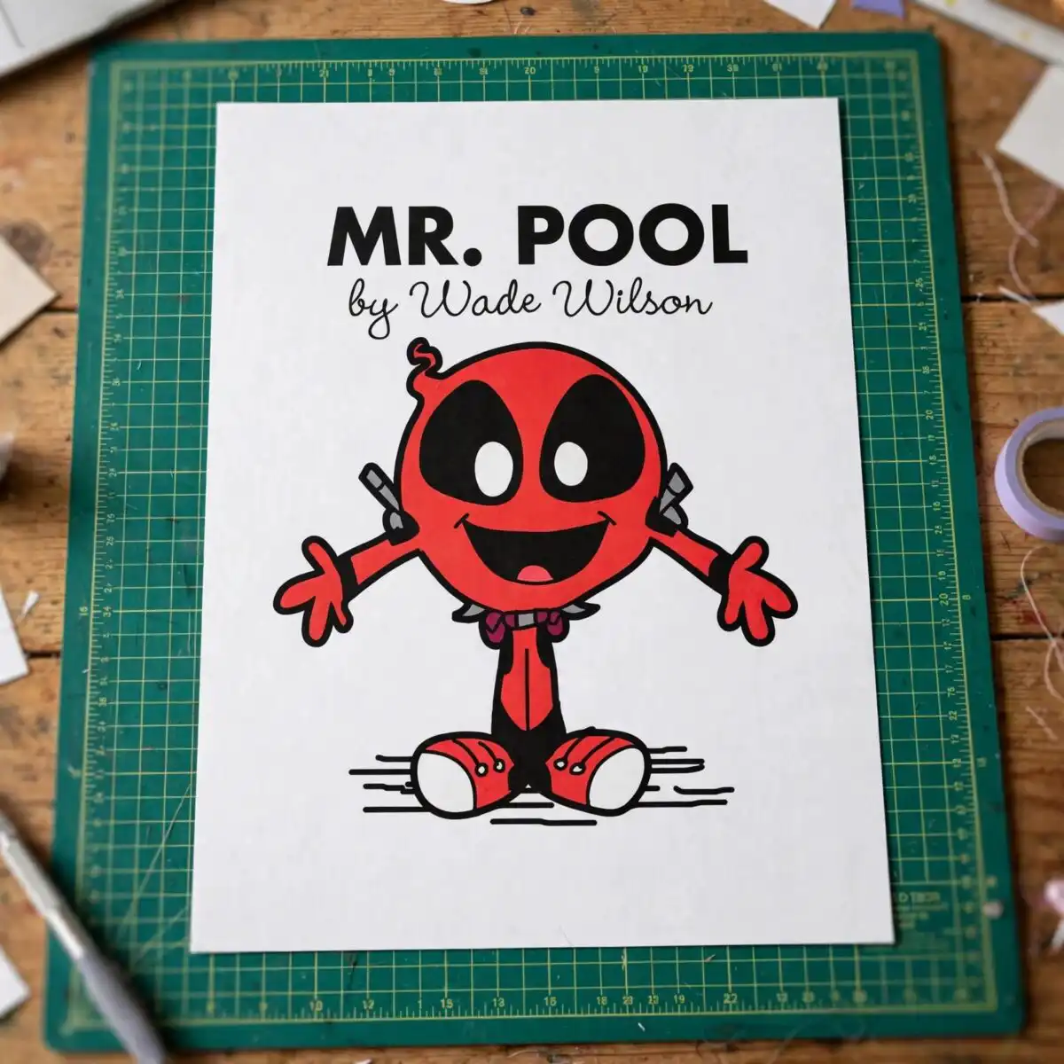 parody superhero character cute svg design printed on a plain product mockup