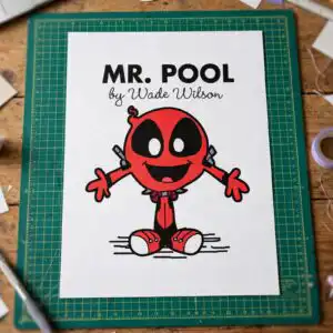 parody superhero character cute svg design printed on a plain product mockup