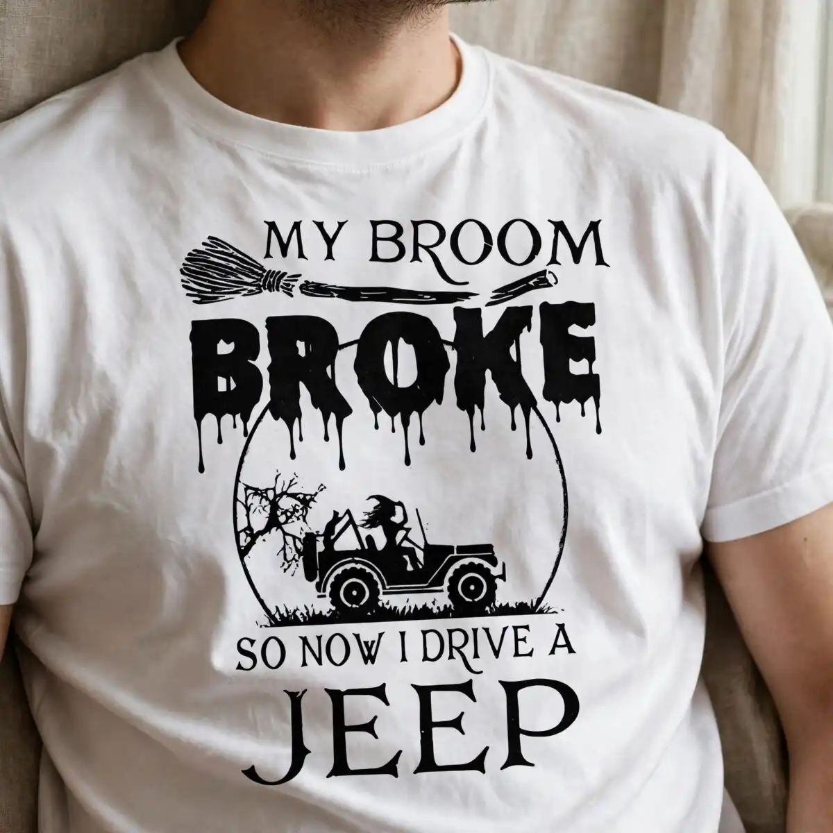 funny halloween witch who drives a jeep after her broom broke quote funny halloween witch who svg design printed on a plain product mockup