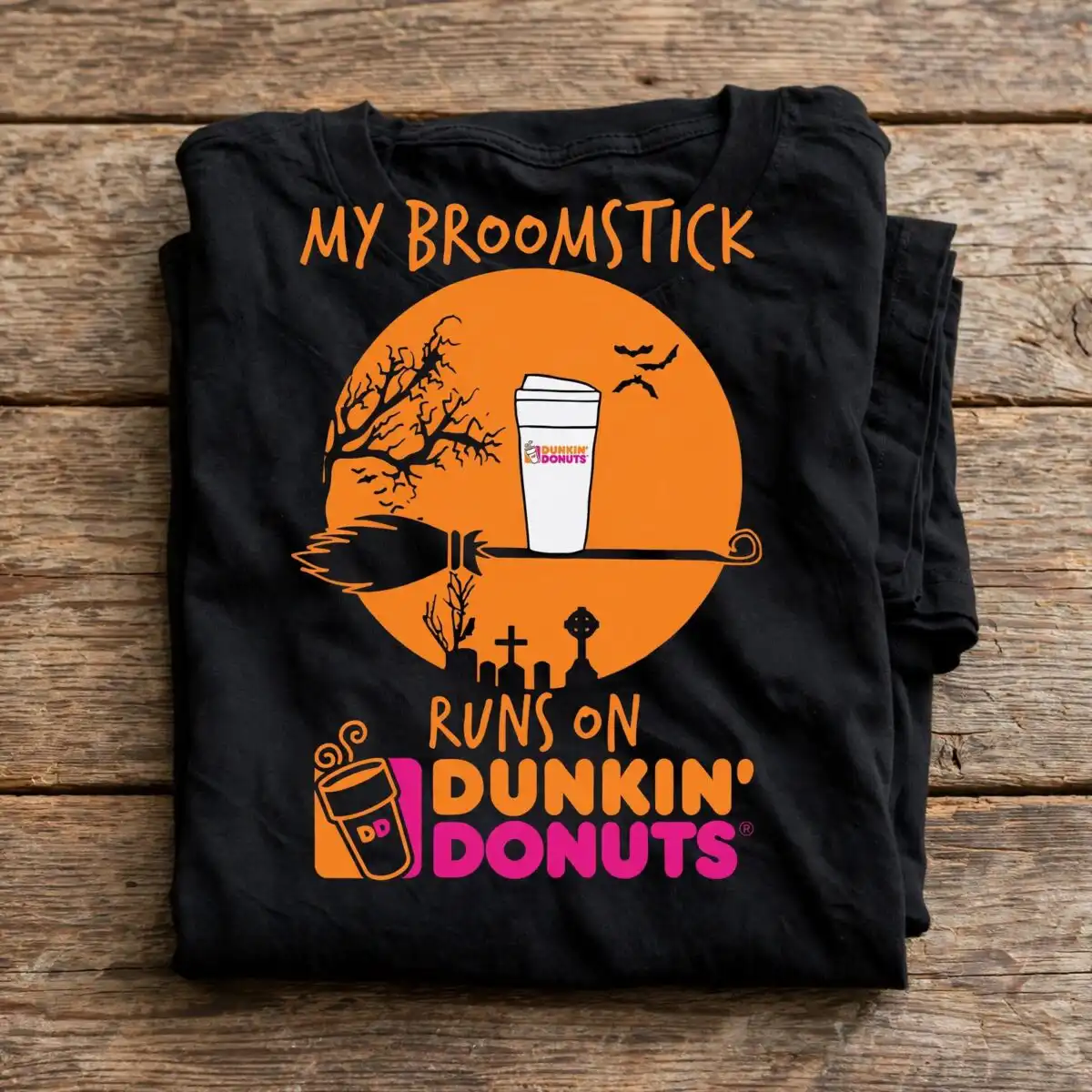 my broomstick runs on coffee funny witch on broomstick clipart for halloween witch on broomstick clipart design printed on a plain product mockup