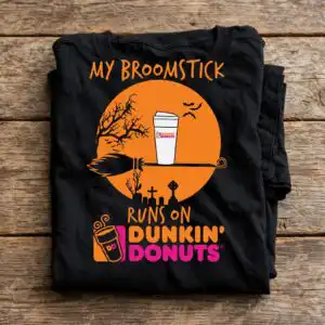 my broomstick runs on coffee funny witch on broomstick clipart for halloween witch on broomstick clipart design printed on a plain product mockup