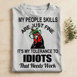 sarcastic chicken with glasses my people skills funny quote graphic my people skills svg design printed on a plain product mockup