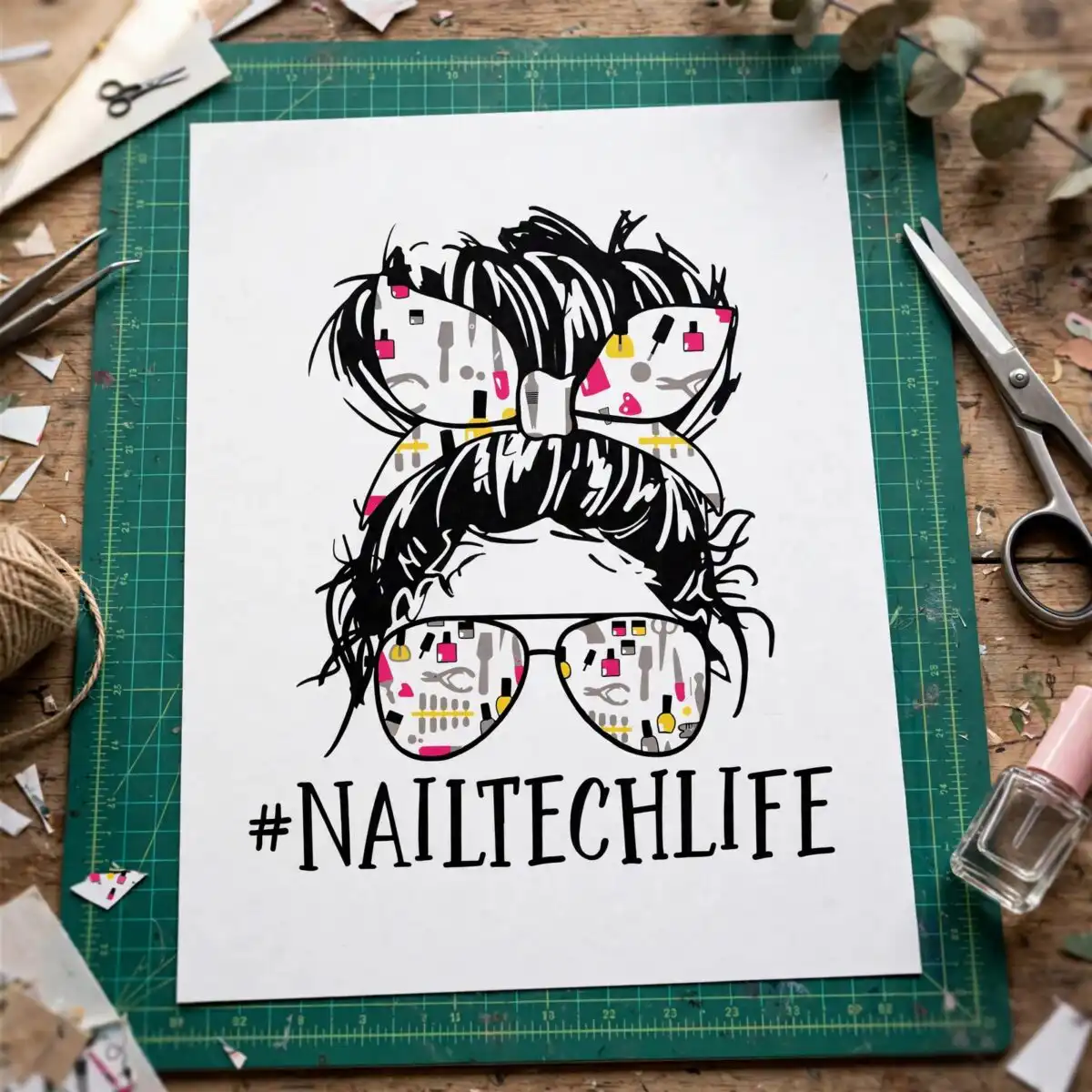 everyday woman messy bun and bow nail tech design with #nailtechlife everyday woman messy bun bow svg design printed on a plain product mockup