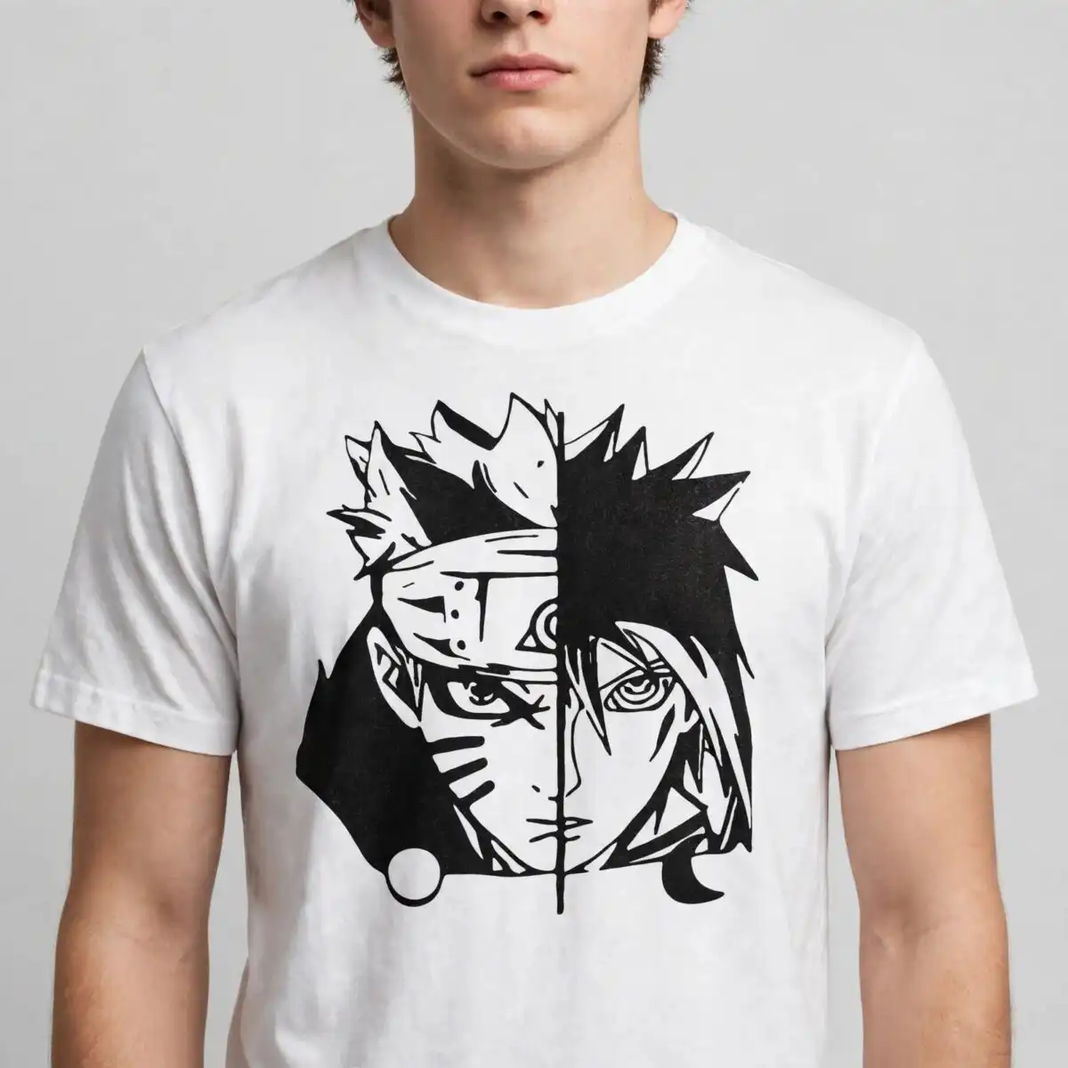 bold fandom split face portrait of two merged anime ninjas fandom split face portrait two svg design printed on a plain product mockup