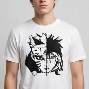 bold fandom split face portrait of two merged anime ninjas fandom split face portrait two svg design printed on a plain product mockup
