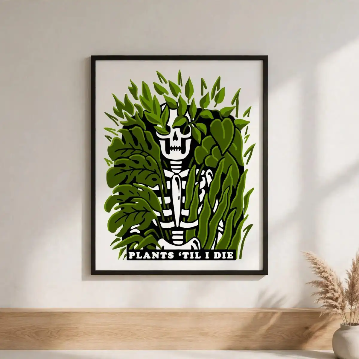plants 'til i die skeleton surrounded by houseplants funny quote skeleton surrounded by houseplants svg design printed on a plain product mockup