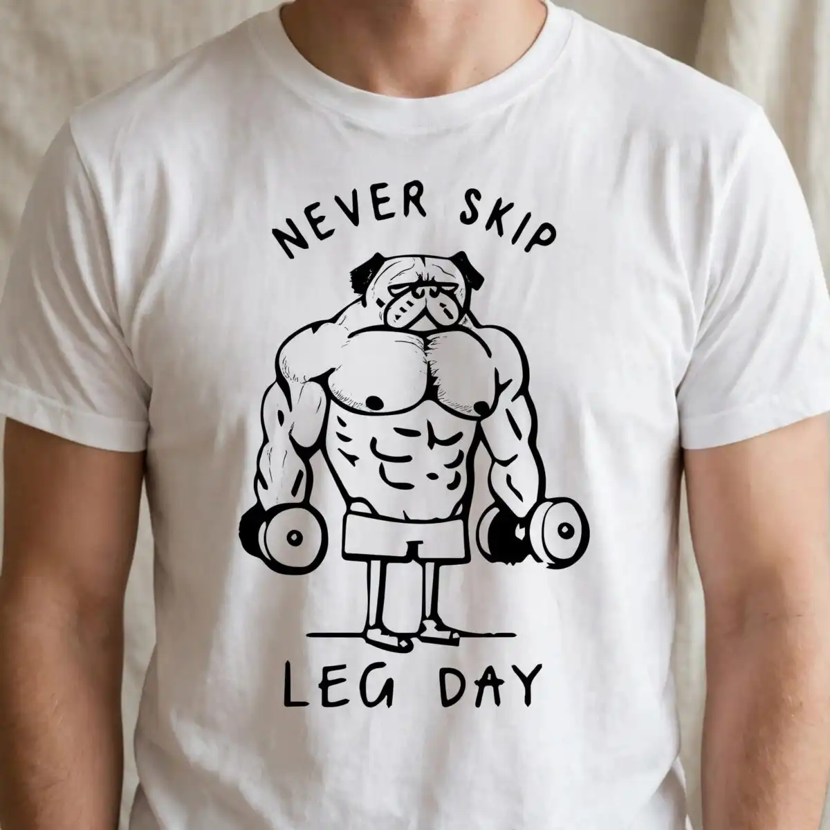 fitness muscular anthropomorphic pug dog svg design printed on a plain product mockup