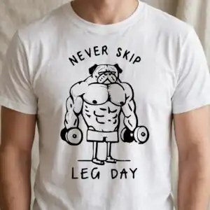 fitness muscular anthropomorphic pug dog svg design printed on a plain product mockup