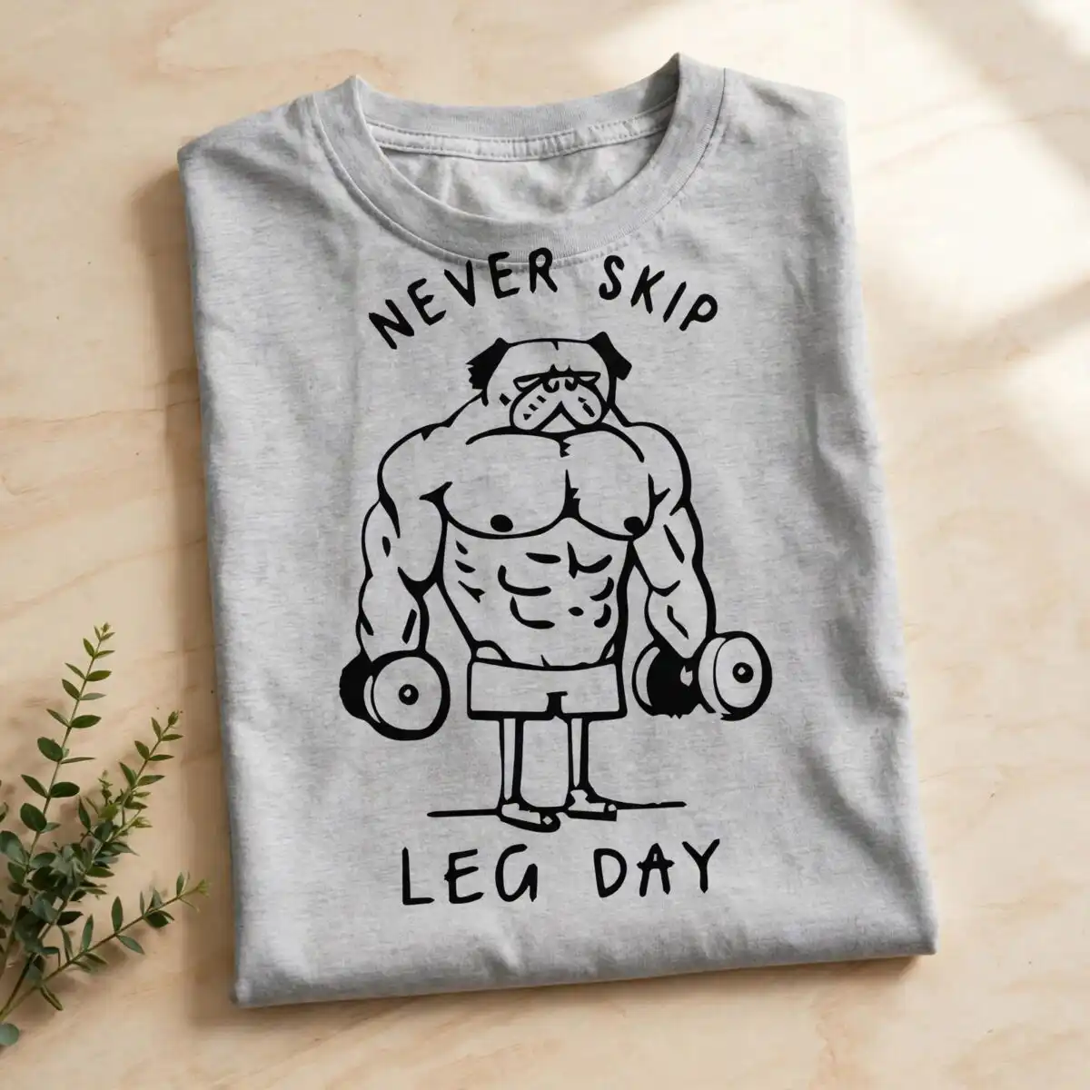 fitness muscular anthropomorphic pug dog svg design printed on a plain product mockup