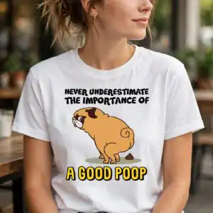 humor cartoon pug dog pooping svg design printed on a plain product mockup