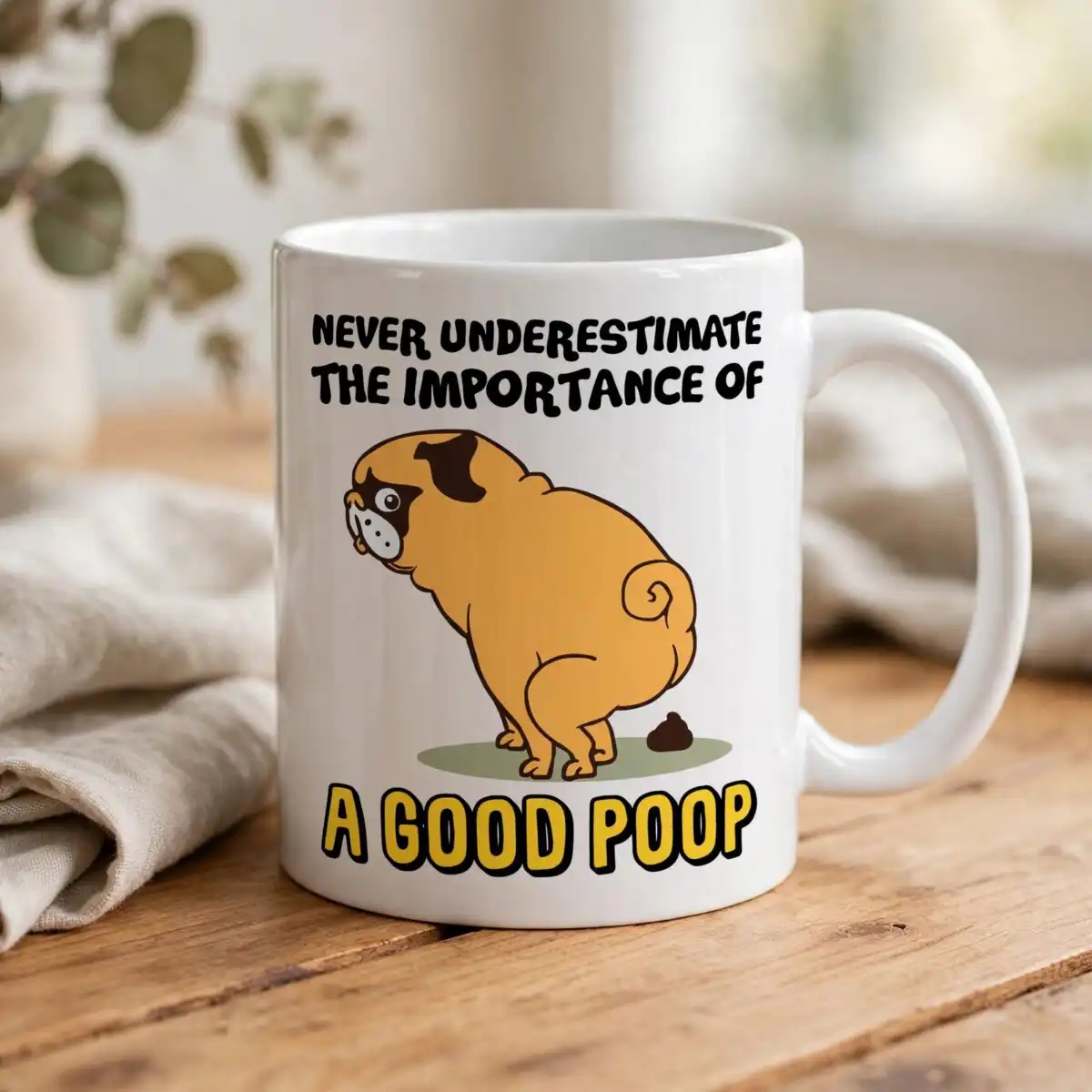 humor cartoon pug dog pooping svg design printed on a plain product mockup