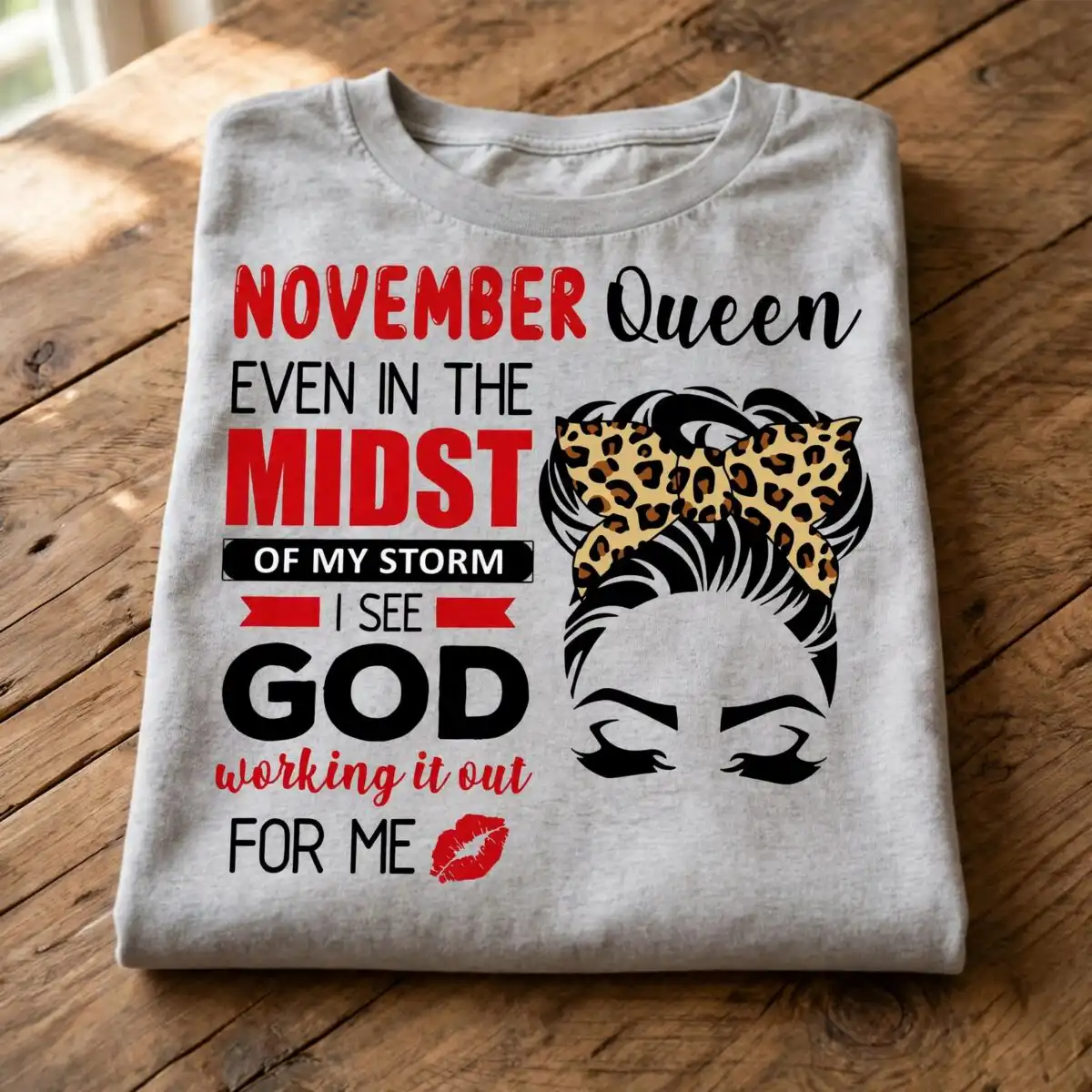 november birthday queen faith svg design printed on a plain product mockup