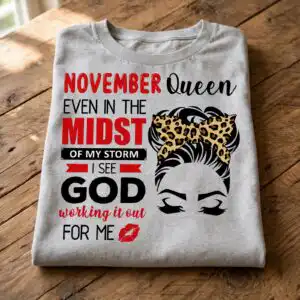 november birthday queen faith svg design printed on a plain product mockup