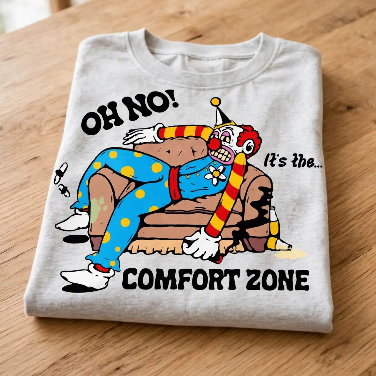 cartoon clown like figure svg shirt design: lazy halloween comfort zone clown on a couch cartoon clown like figure svg design printed on a plain product mockup