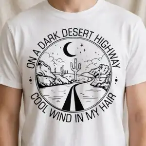 on a dark desert highway night travel scene badge for road trip fans travel night desert highway scene svg design printed on a plain product mockup