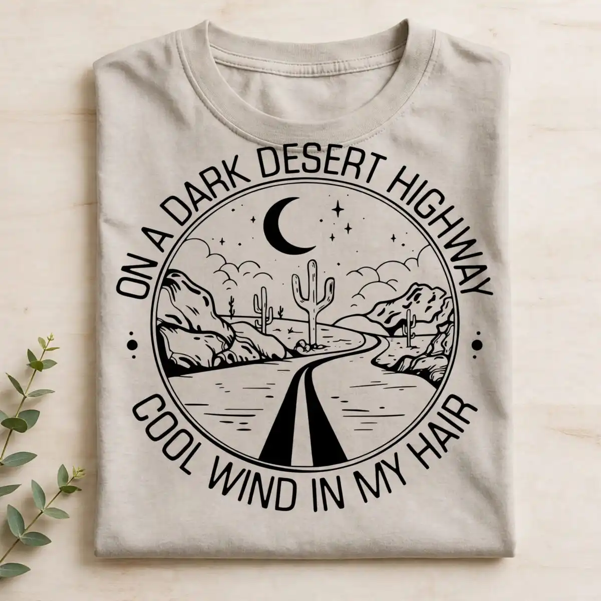 on a dark desert highway night travel scene badge for road trip fans travel night desert highway scene svg design printed on a plain product mockup