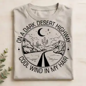 on a dark desert highway night travel scene badge for road trip fans travel night desert highway scene svg design printed on a plain product mockup