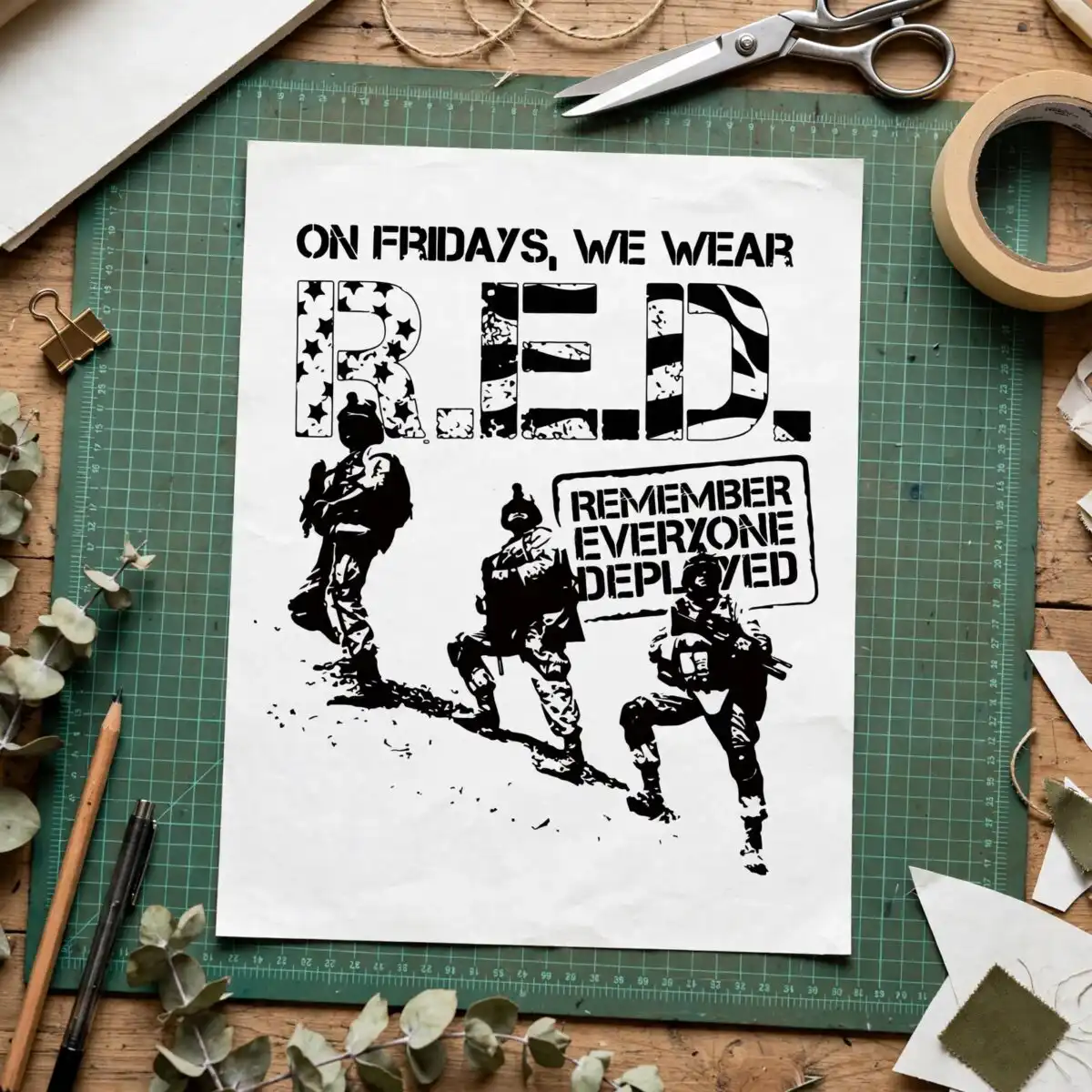 silhouette graphic three military shirt design with r.e.d. sign lettering for veterans silhouette graphic three military svg design printed on a plain product mockup