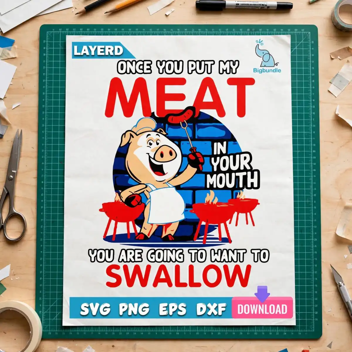 funny cartoon pig chef barbecue shirt design with sausage on a fork cartoon pig svg design printed on a plain product mockup