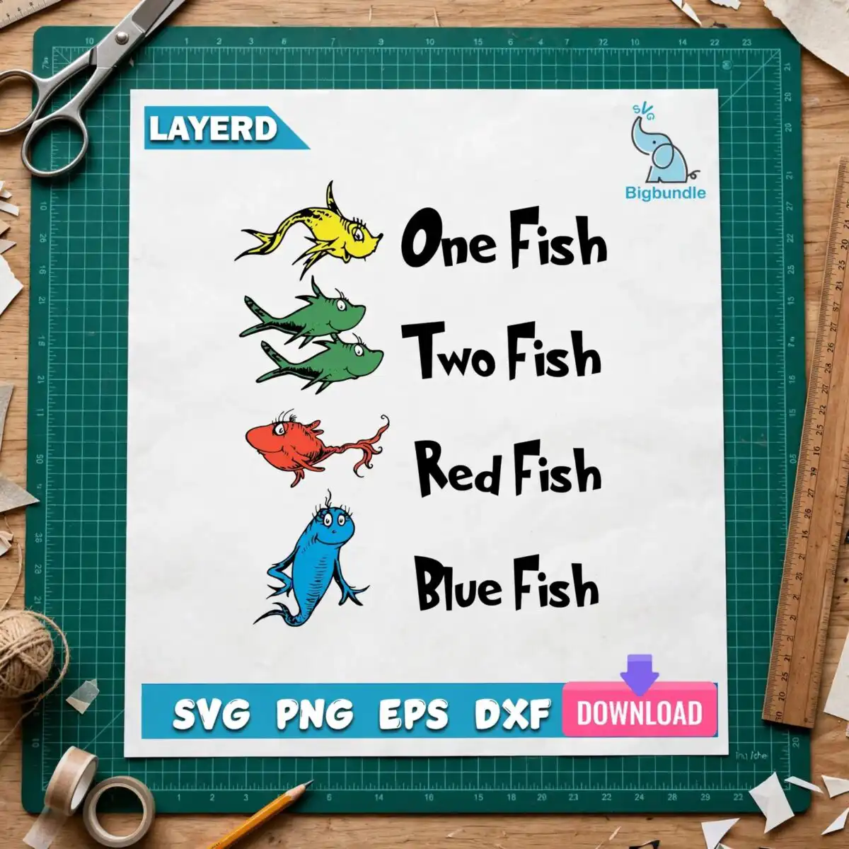 four whimsical cartoon fish counting rhyme clip art for kids birthday four whimsical cartoon fish svg design printed on a plain product mockup