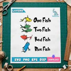 four whimsical cartoon fish counting rhyme clip art for kids birthday four whimsical cartoon fish svg design printed on a plain product mockup