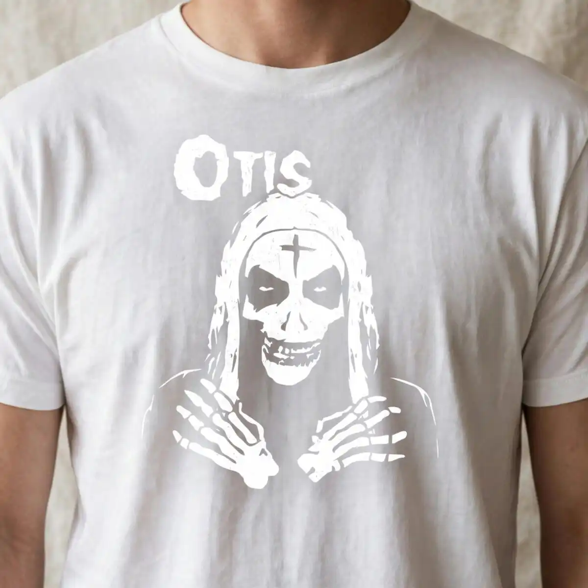 hooded skeleton with inverted cross and otis gothic halloween design hooded skeleton inverted cross svg design printed on a plain product mockup
