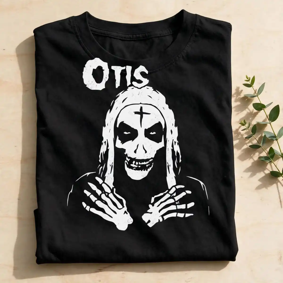 hooded skeleton with inverted cross and otis gothic halloween design hooded skeleton inverted cross svg design printed on a plain product mockup