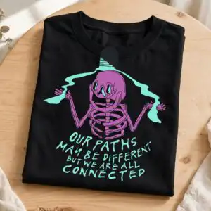 skeleton line art shirt design: arms raised quote with mint green ribbon, svg and png skeleton line art png design printed on a plain product mockup