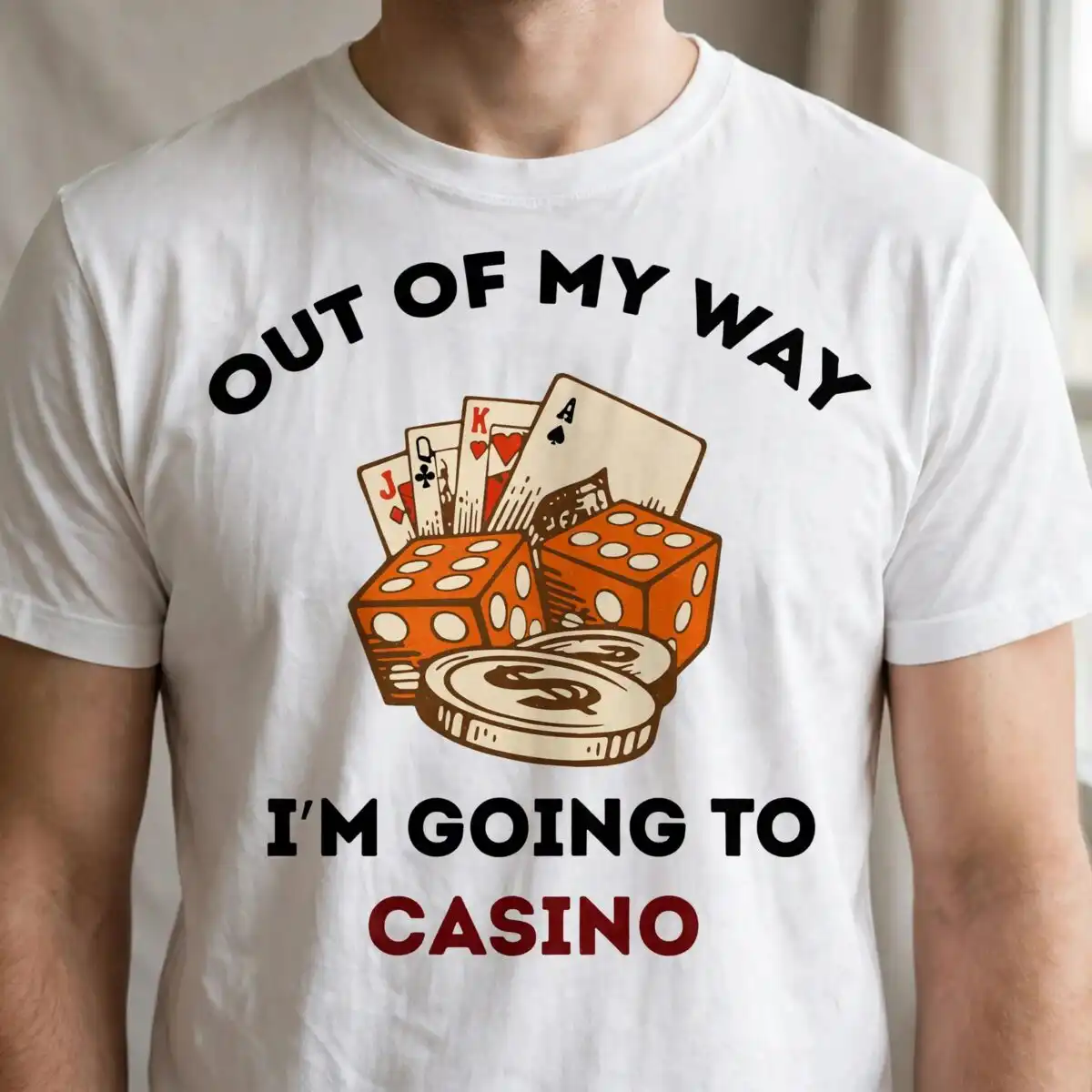 out of my way i'm going to casino birthday quote graphic for shirts, mugs and tote bags birthday casino themed quote graphic svg design printed on a plain product mockup