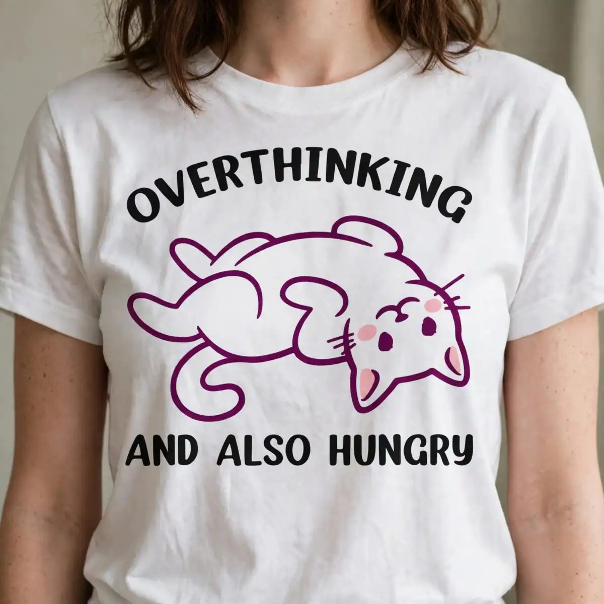 funny svg for men: overthinking and also hungry cartoon cat quote cut file for shirts funny svg for men design printed on a plain product mockup