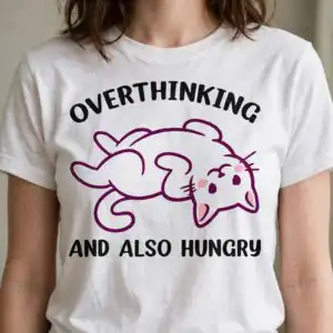 funny svg for men: overthinking and also hungry cartoon cat quote cut file for shirts funny svg for men design printed on a plain product mockup