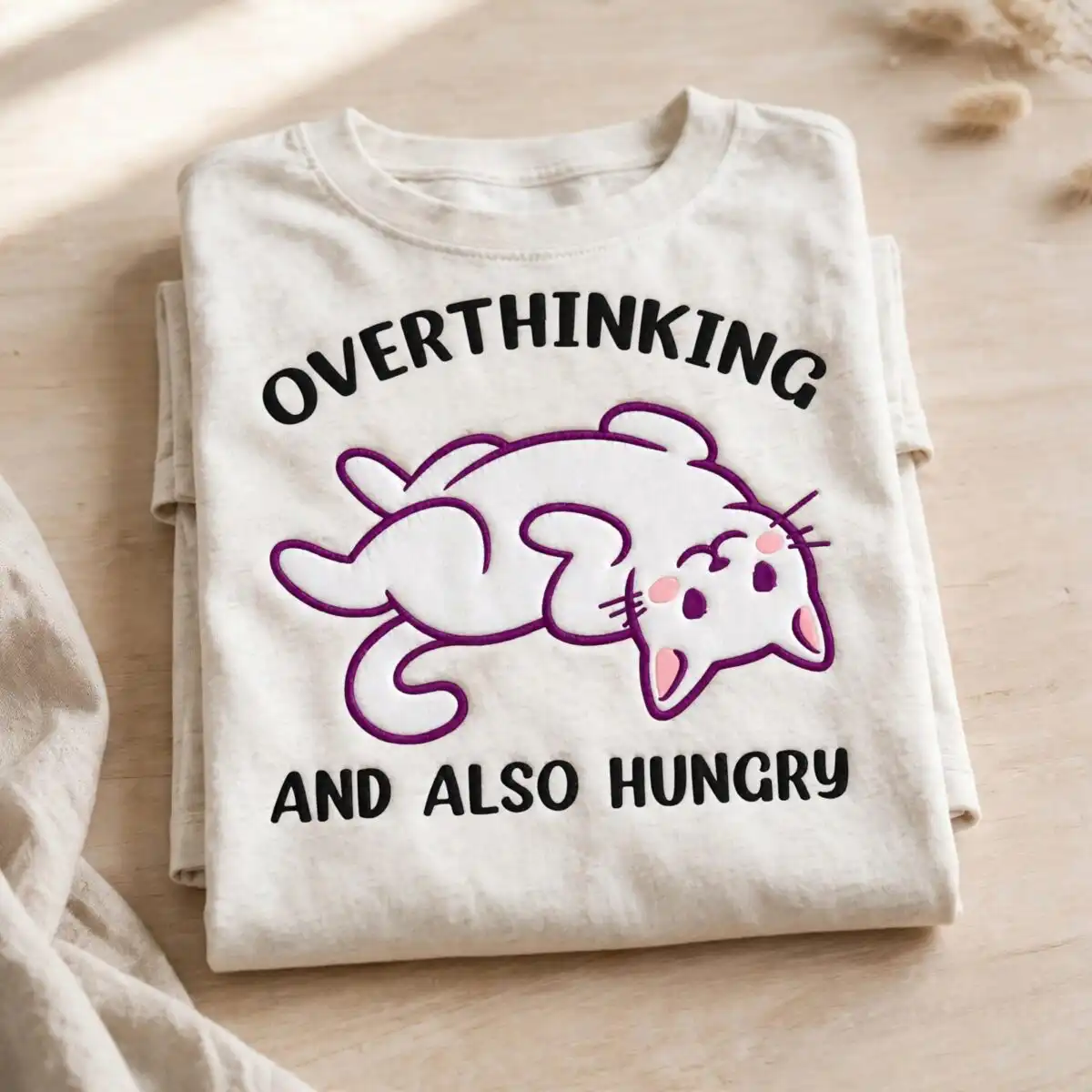 funny svg for men: overthinking and also hungry cartoon cat quote cut file for shirts funny svg for men design printed on a plain product mockup
