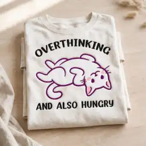 funny svg for men: overthinking and also hungry cartoon cat quote cut file for shirts funny svg for men design printed on a plain product mockup