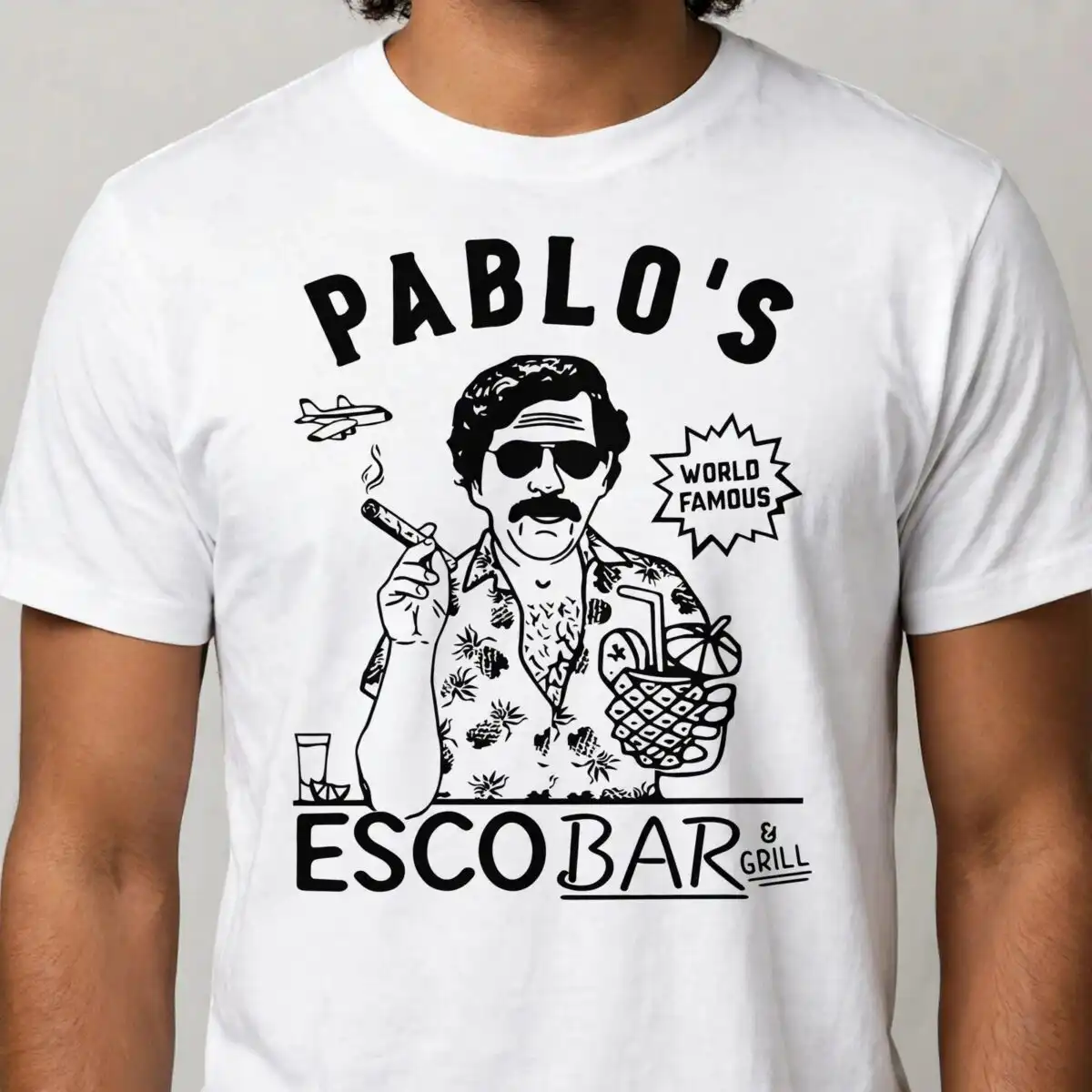 line art design illustration: pablo's escobar & grill summer party shirt design, black line art design illustration design printed on a plain product mockup