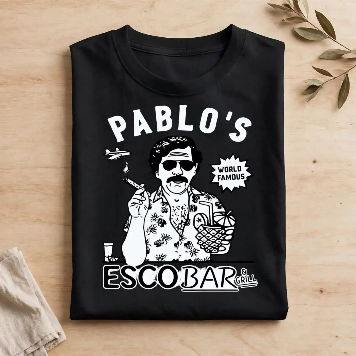 line art design illustration: pablo's escobar & grill summer party shirt design, black line art design illustration design printed on a plain product mockup
