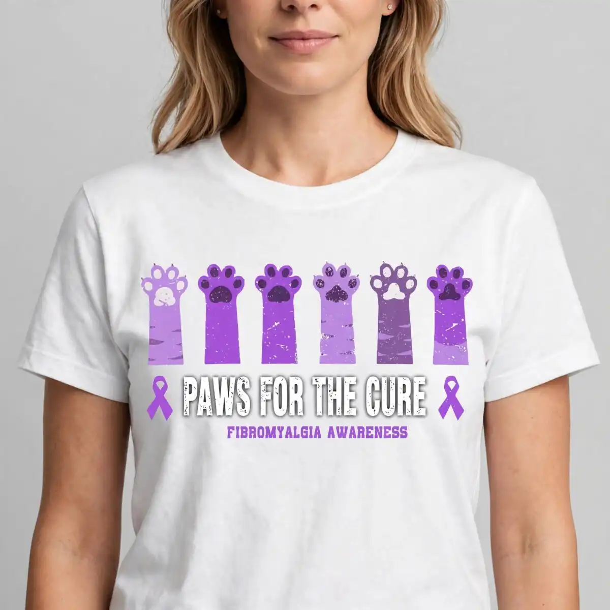 cat paws supporting fibromyalgia awareness graphic for t-shirts and gifts awareness cat paws supporting fibromyalgia svg design printed on a plain product mockup