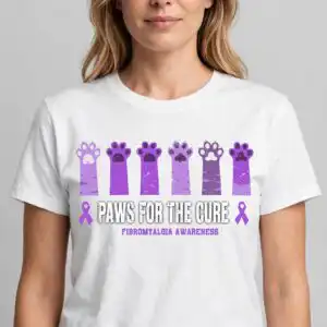 cat paws supporting fibromyalgia awareness graphic for t-shirts and gifts awareness cat paws supporting fibromyalgia svg design printed on a plain product mockup