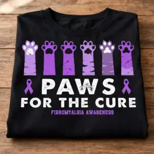 cat paws supporting fibromyalgia awareness graphic for t-shirts and gifts awareness cat paws supporting fibromyalgia svg design printed on a plain product mockup