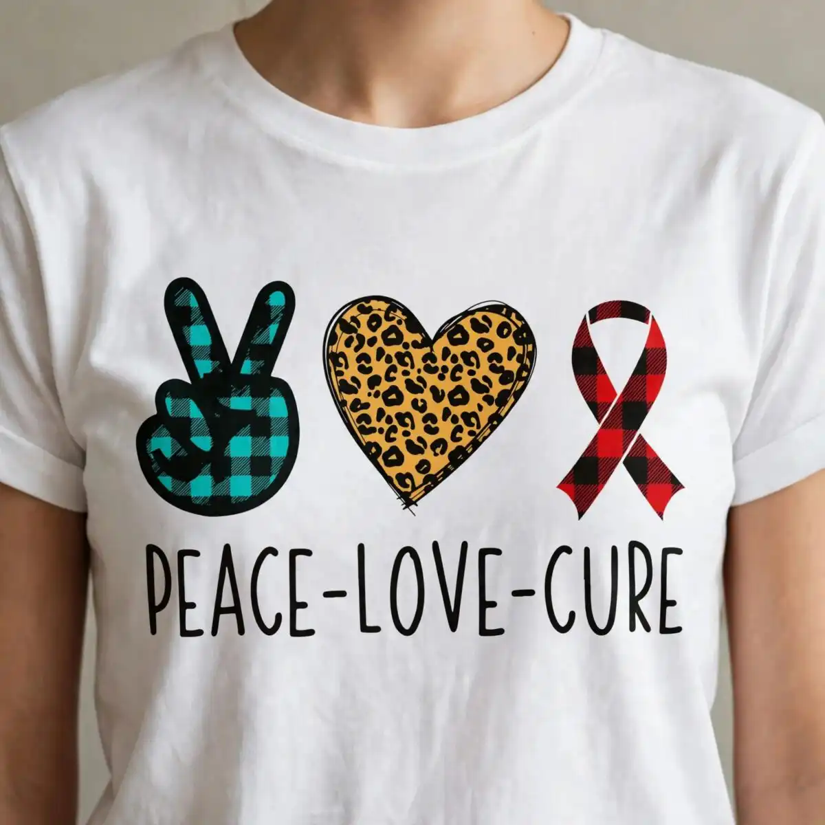 peace love cure slogan svg cut file for awareness month shirts, mugs and totes peace love cure svg design printed on a plain product mockup