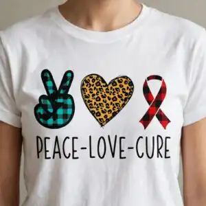 peace love cure slogan svg cut file for awareness month shirts, mugs and totes peace love cure svg design printed on a plain product mockup