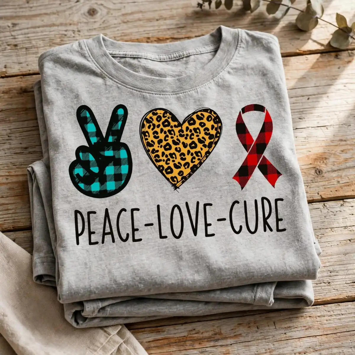 peace love cure slogan svg cut file for awareness month shirts, mugs and totes peace love cure svg design printed on a plain product mockup