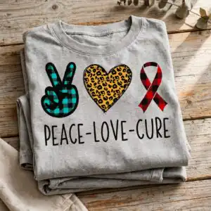 peace love cure slogan svg cut file for awareness month shirts, mugs and totes peace love cure svg design printed on a plain product mockup