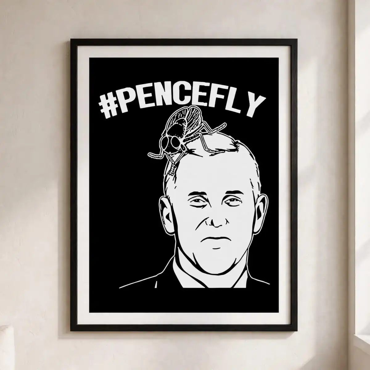 balding man line art portrait with housefly and #pencefly lettering, everyday shirt, mug line art portrait balding cut file design printed on a plain product mockup