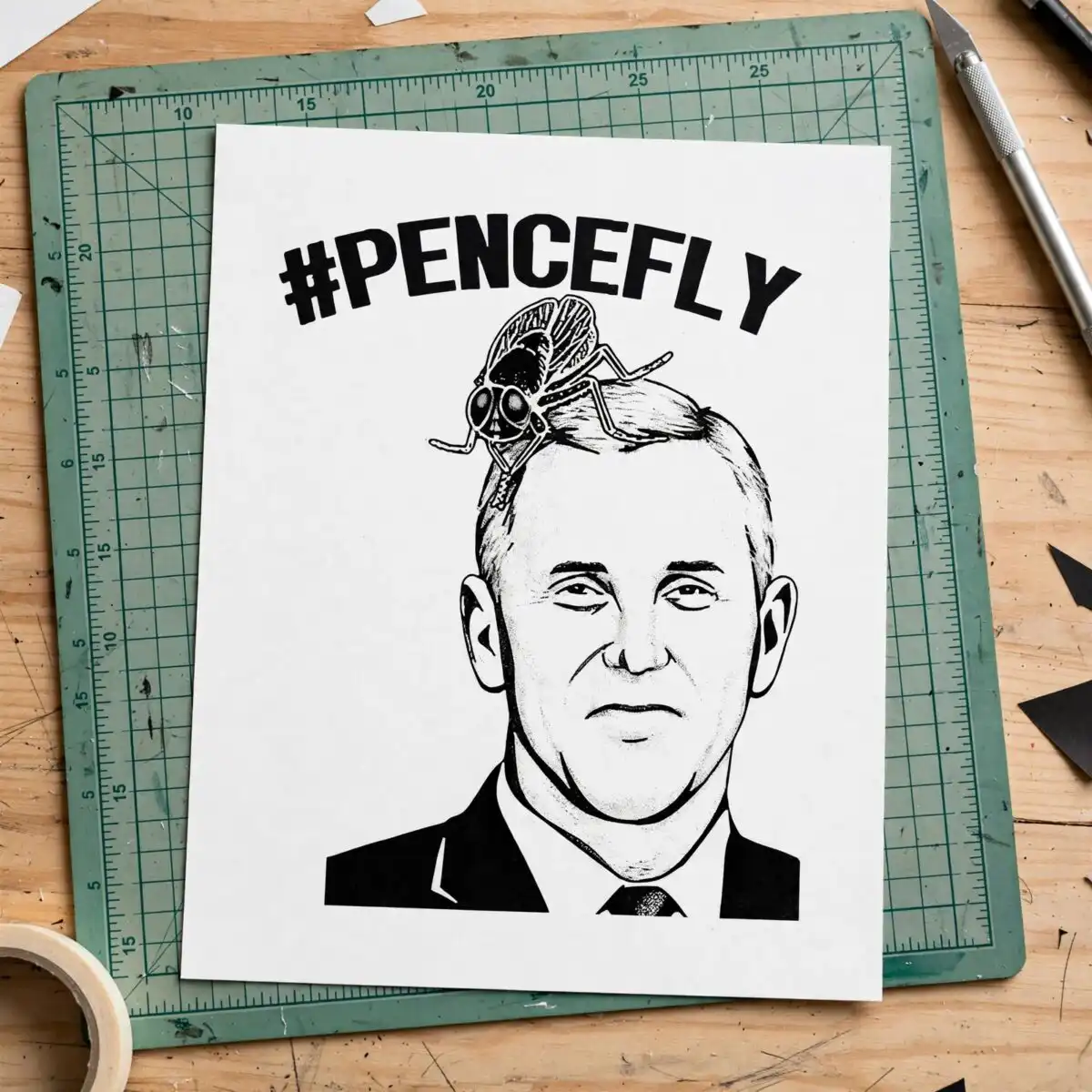 balding man line art portrait with housefly and #pencefly lettering, everyday shirt, mug line art portrait balding cut file design printed on a plain product mockup