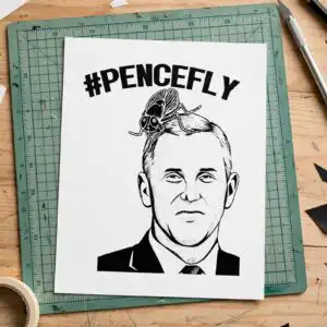 balding man line art portrait with housefly and #pencefly lettering, everyday shirt, mug line art portrait balding cut file design printed on a plain product mockup