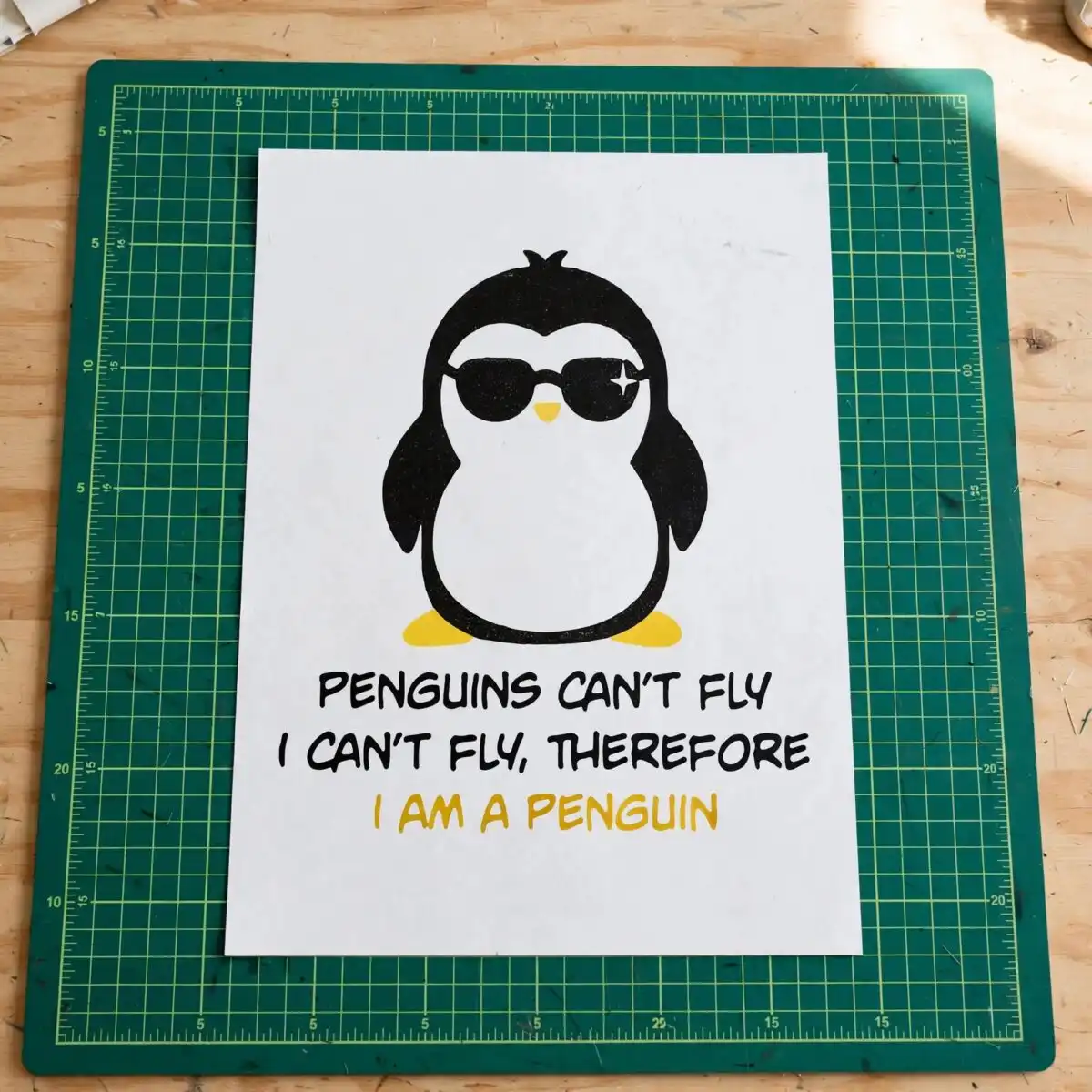 everyday cartoon penguin sunglasses quote svg design printed on a plain product mockup