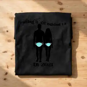 funny couple walking away with face masks behind us graphic 2021 couple walking away face svg design printed on a plain product mockup